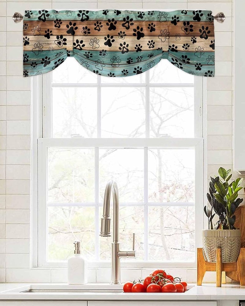 RisQiten Dog Paw Print Tie Up Valance Curtains for Windows, Teal Brown Beige Wooden Kitchen Curtains Window Treatments, Farmhouse Short Window Shades Valances for Bedroom Bathroom Cafe 54"x18" - Image 4